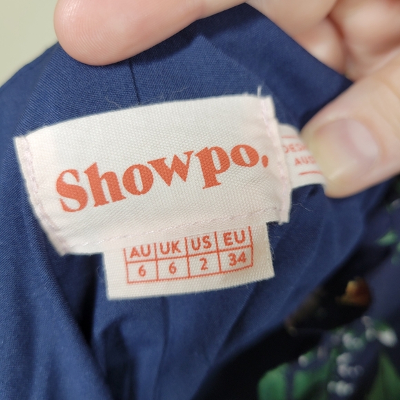 Showpo Navy Blue Floral Strapless Mini Dress Tie Back Ruffle 2 - Picture 7 of 12